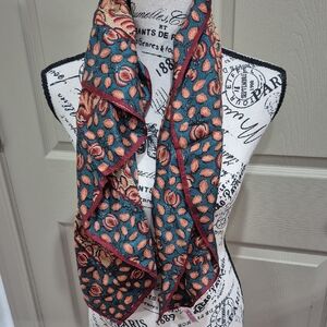 Vintage Acute 100% Silk Chic Teal and Gold Leaf Patterned Scarf